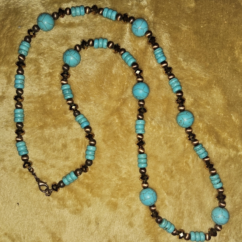 Turquoise Bead Necklace with Bronze Accents - Women Jewelry - Picture 4 of 4